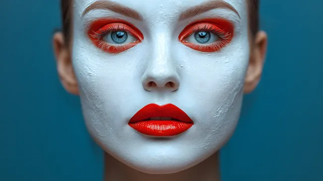 Extrem auffälliges Gesicht mit weißer Schminke und rotem Make-up