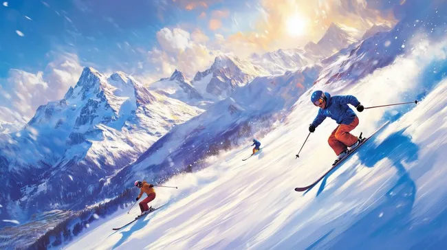 Extrem schnelle Skifahrer auf verschneiter Alpen-Piste