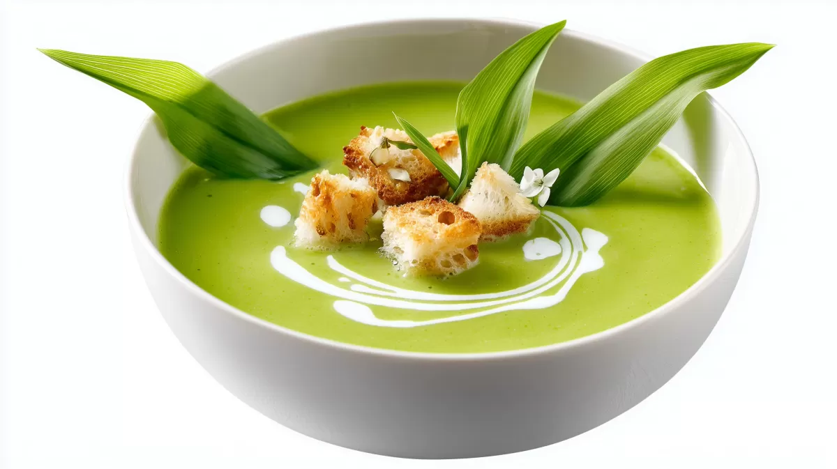 Exzellente Bärlauchsuppe mit Croutons im weißen Teller