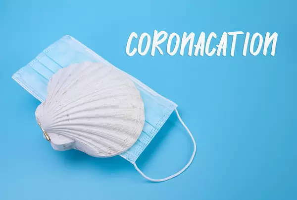 Face mask inside sea shell and Coronacation text