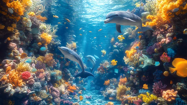 Facettenreiche Unterwasserwelt mit Delfinen und Korallen