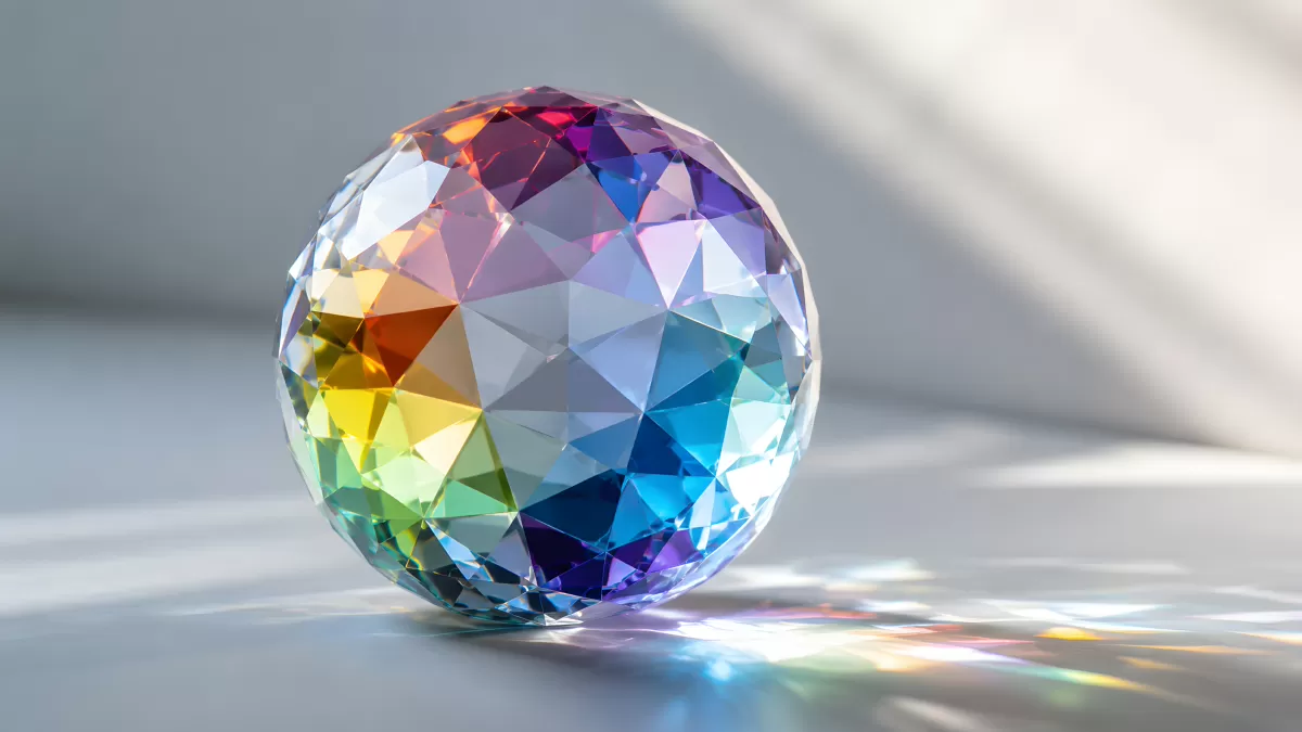 Facettierter Kristallball mit Regenbogenfarben im Licht