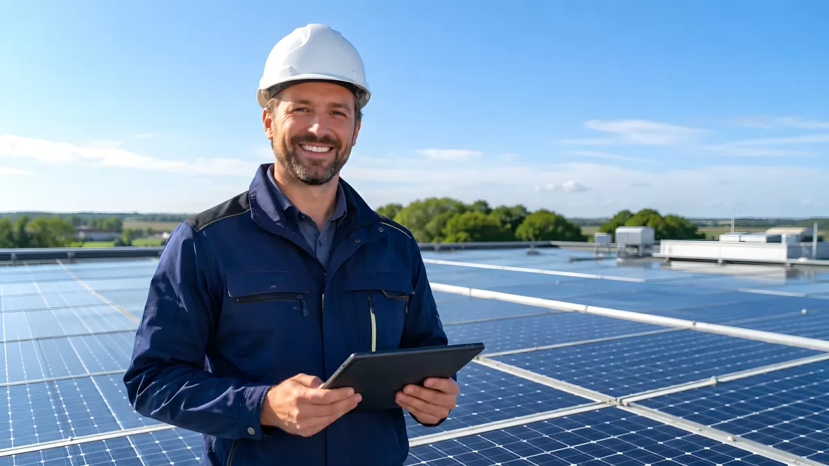 Fachmann inspiziert Solaranlage auf Flachdach