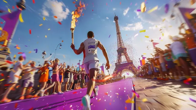 Fackellauf vor dem Eiffelturm bei Olympischer Feier