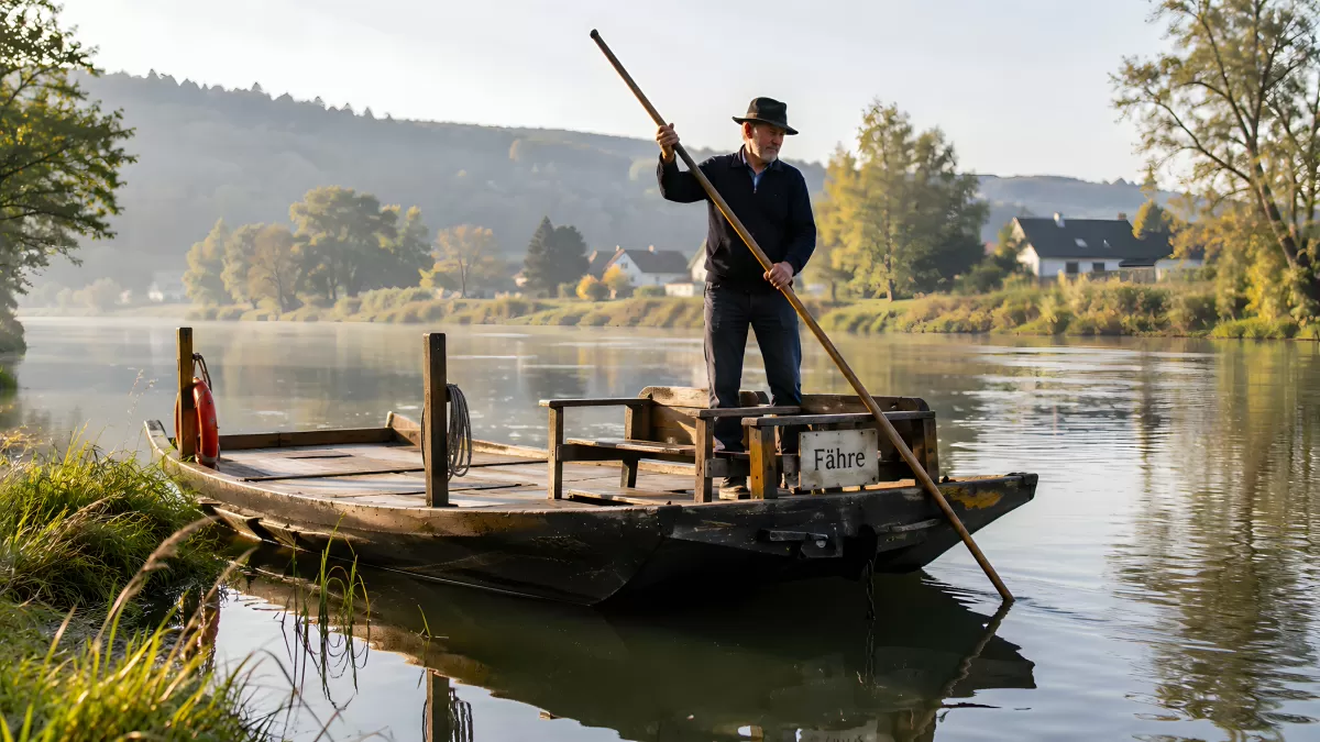 Fährmann stakt traditionelle Holzfähre auf ruhigem Fluss