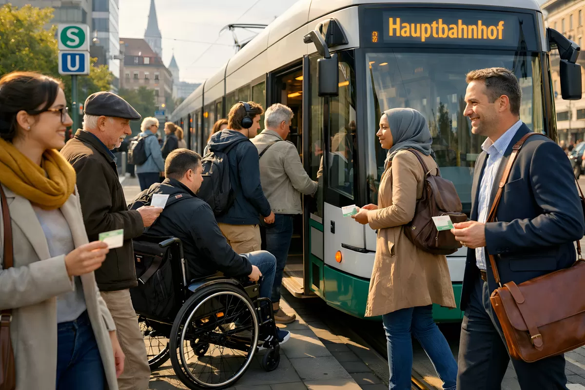 Fahrgäste steigen in Straßenbahn am Hauptbahnhof ein