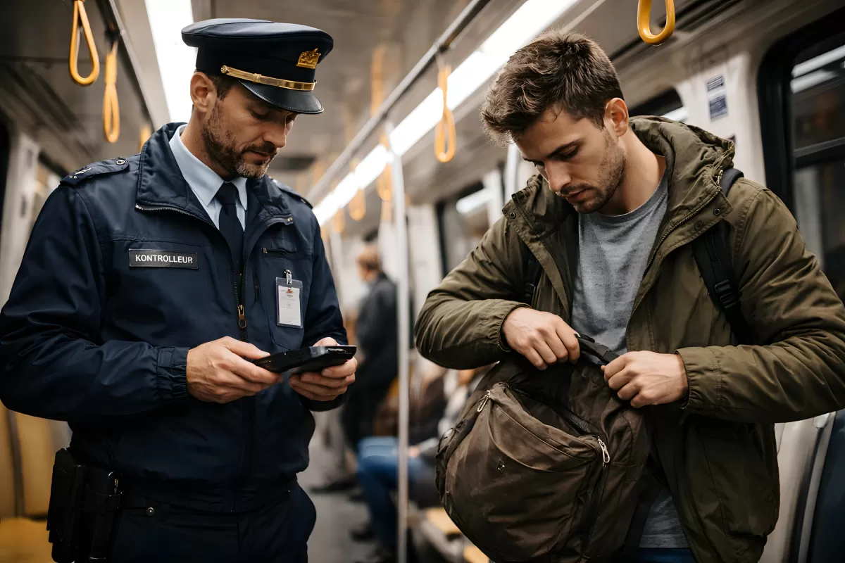 Fahrkartenkontrolle in der U-Bahn durch Kontrolleur