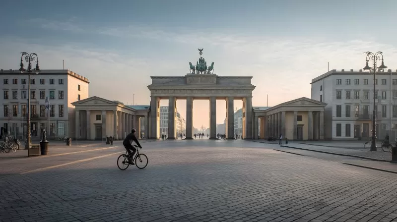 Fahrradfahrer vor Brandenburger Tor in Berlin bei Sonnenuntergang