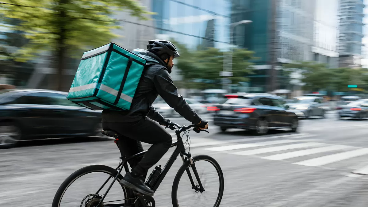 Fahrradkurier liefert Essen durch belebte Stadtstraße