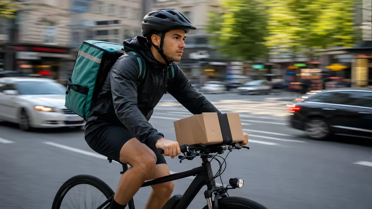 Fahrradkurier liefert Paket durch belebte Stadtstraße