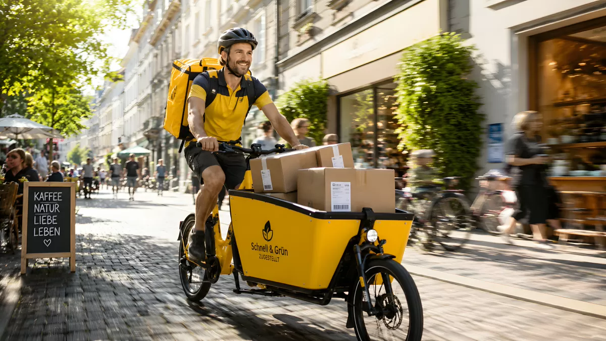 Fahrradkurier liefert Pakete auf Lastenrad durch die Stadt