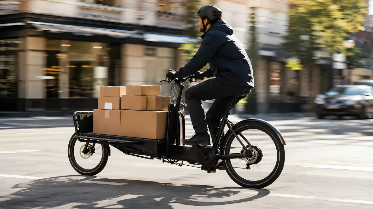 Fahrradkurier transportiert Pakete durch die Stadt