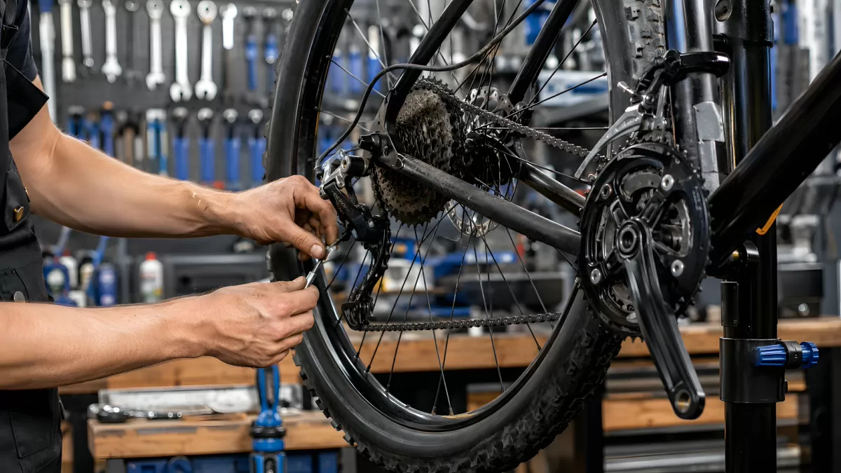 Fahrradmechaniker justiert Schaltwerk in Werkstatt