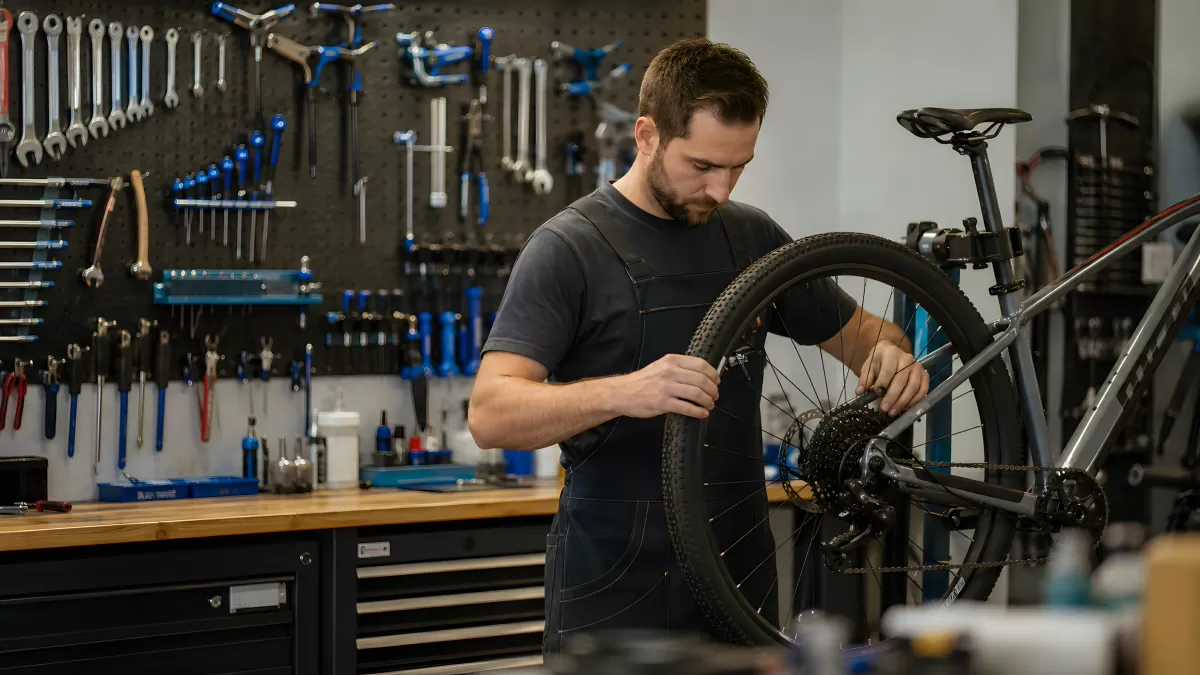 Fahrradmechaniker repariert Hinterrad in Werkstatt