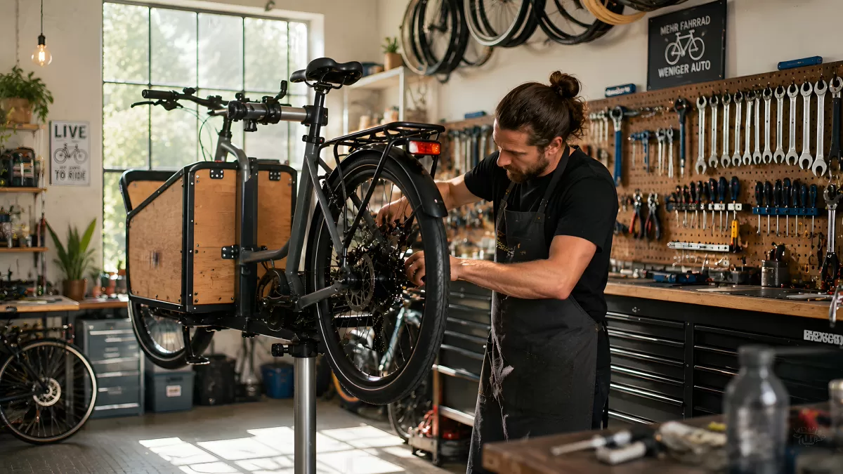 Fahrradmechaniker repariert Lastenrad in Werkstatt