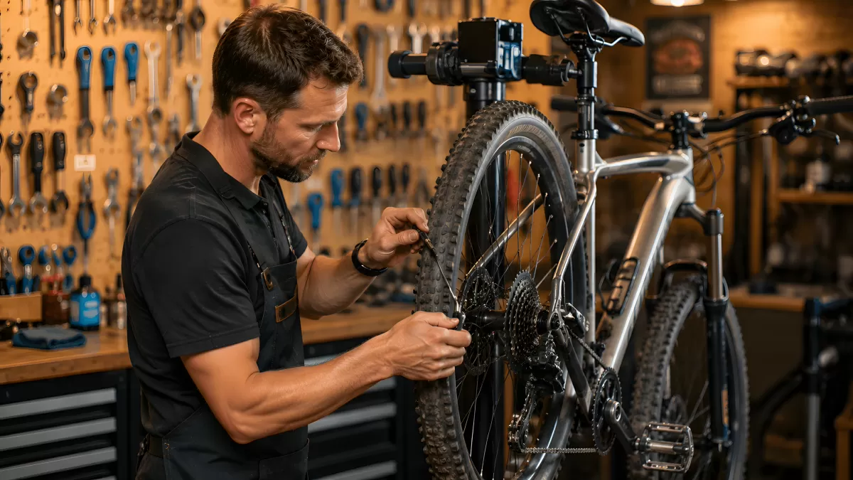 Fahrradmechaniker repariert Mountainbike in Werkstatt