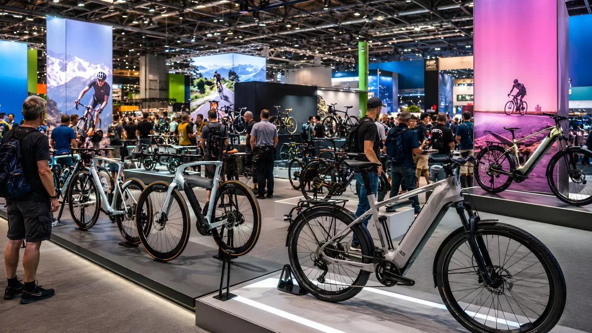 Fahrradmesse mit E-Bikes auf beleuchtetem Ausstellungsstand
