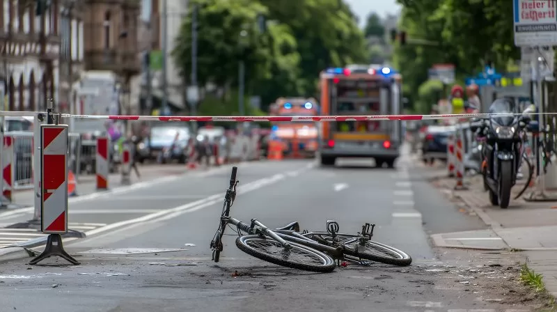 Fahrradunfall auf gesperrter Straße mit Rettungsfahrzeugen