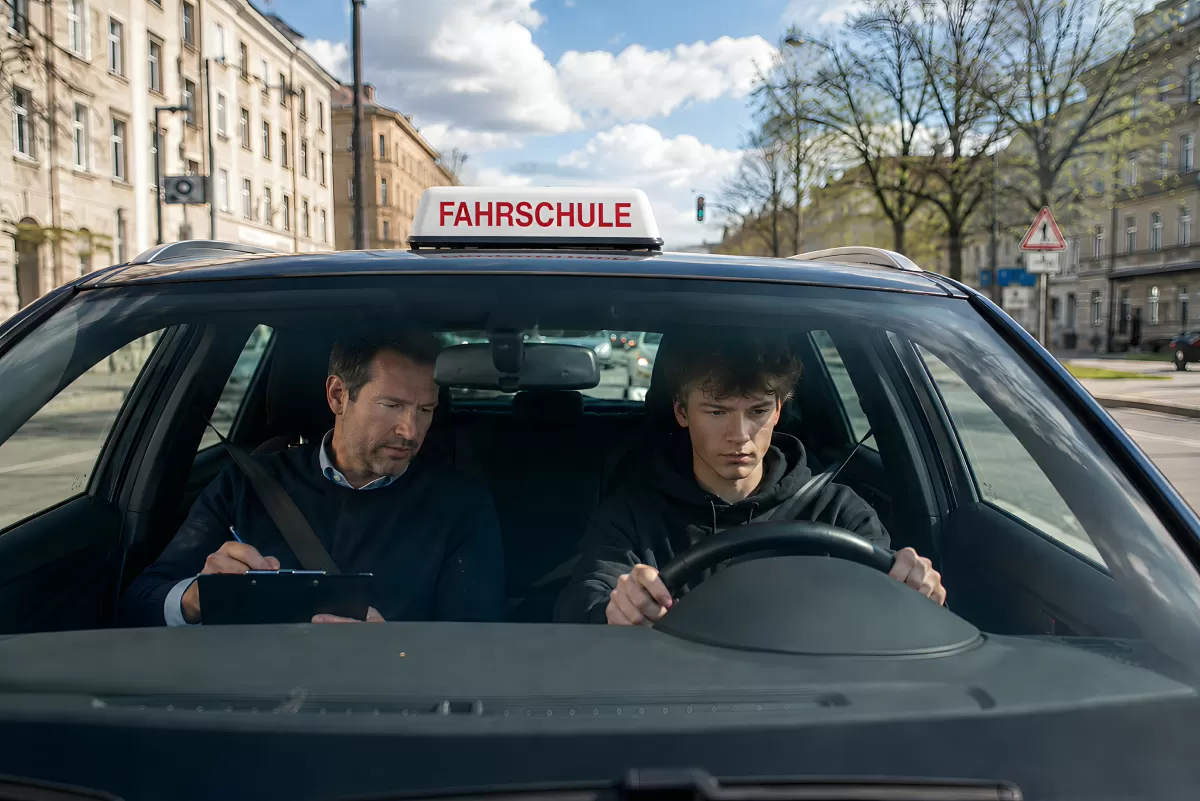 Fahrschüler beim Übungsfahren mit Fahrlehrer im Auto