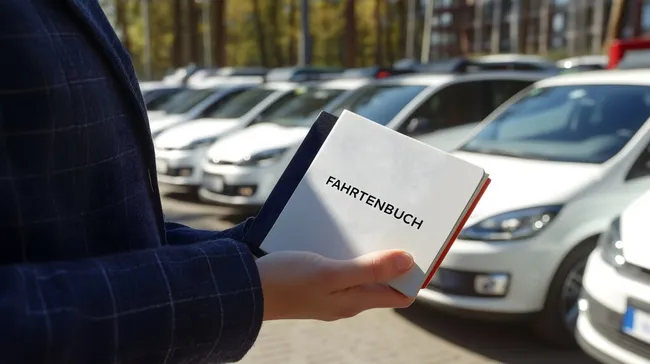 Fahrtenbuch in Händen vor Firmenwagenflotte