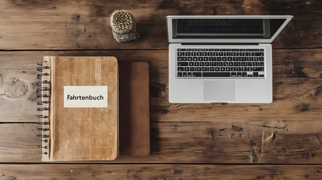 Fahrtenbuch und Laptop auf Holztisch für Steuerdokumentation