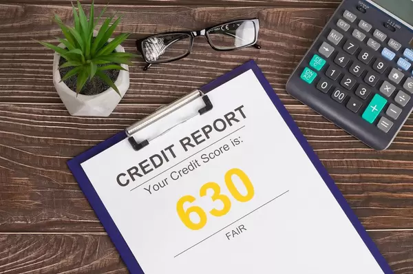 Fair credit score report of 630 on office table