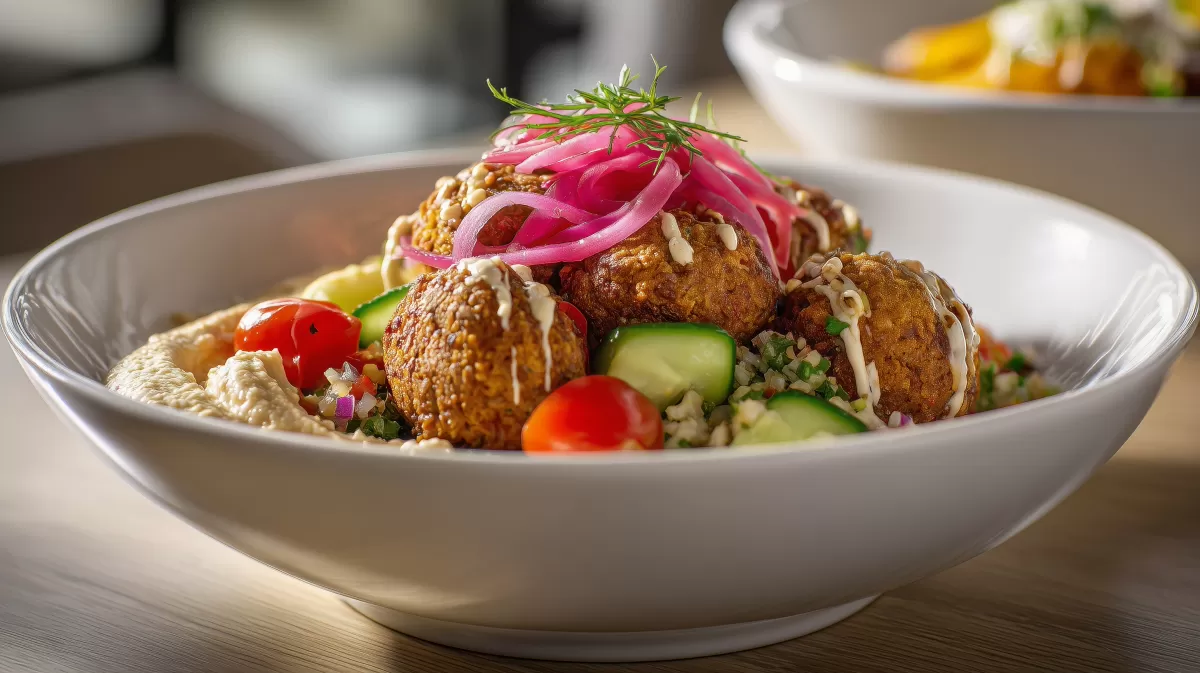Falafel Bowl mit Hummus und eingelegten Zwiebeln