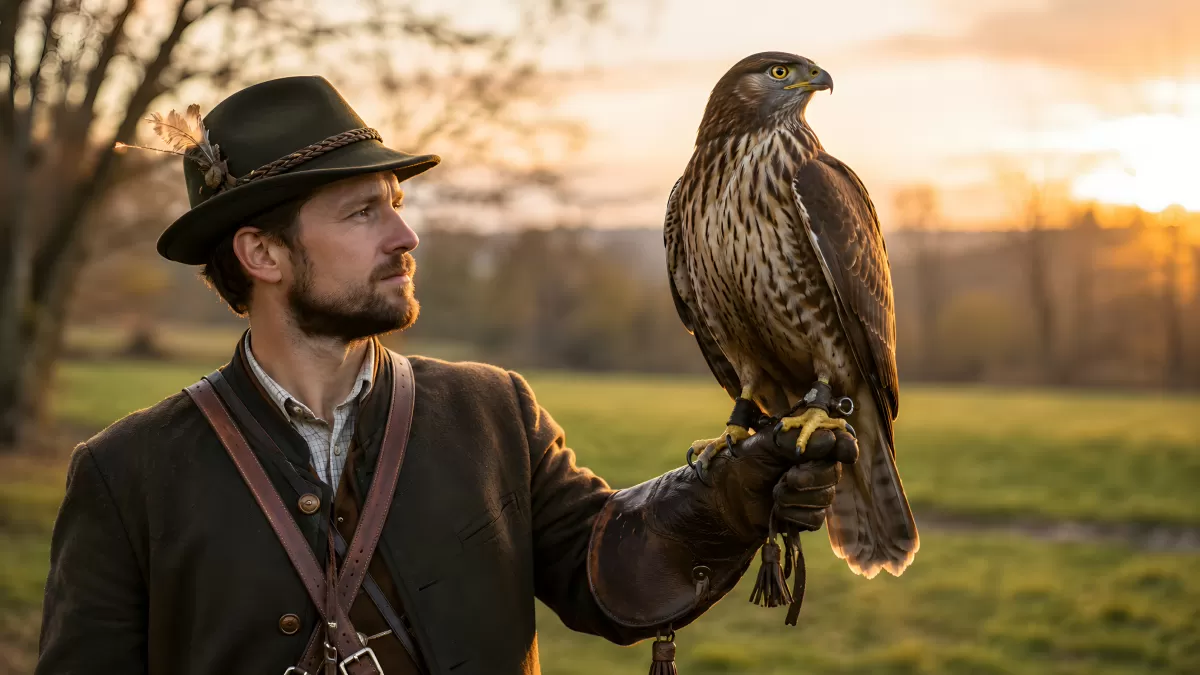 Falkner mit Greifvogel auf der Faust bei Sonnenuntergang