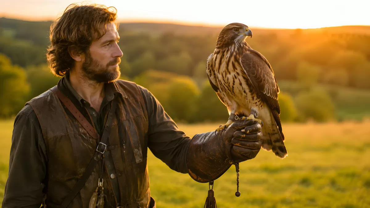 Falkner mit Greifvogel auf der Faust im Abendlicht