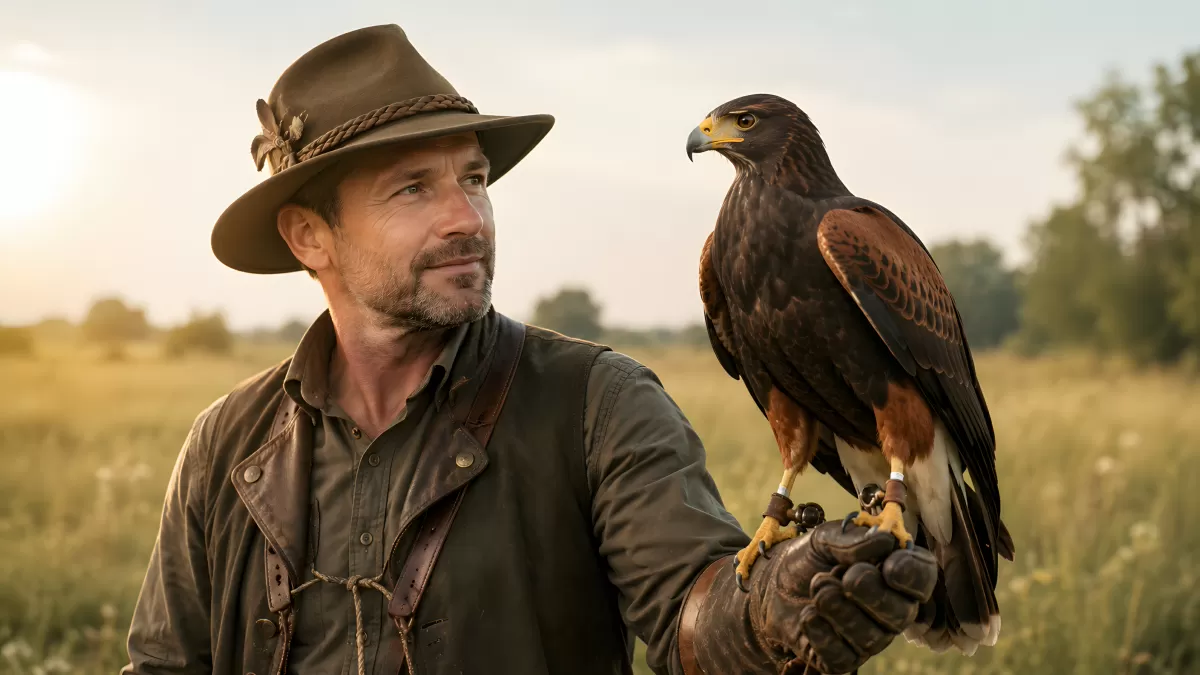 Falkner mit Harris-Hawk auf der Faust im Feld