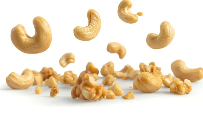 Fallende Cashewkerne in Nahaufnahme