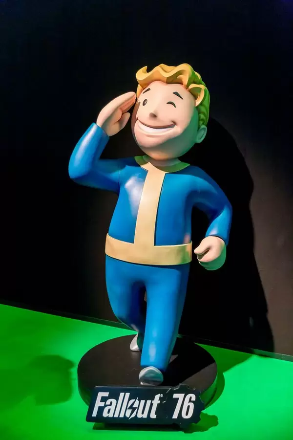 Fallout Vault Boy figure at Fallout 76 booth at Gamescom