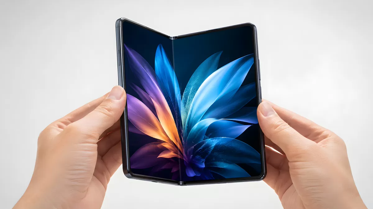 Faltbares Smartphone in zwei Händen geöffnet