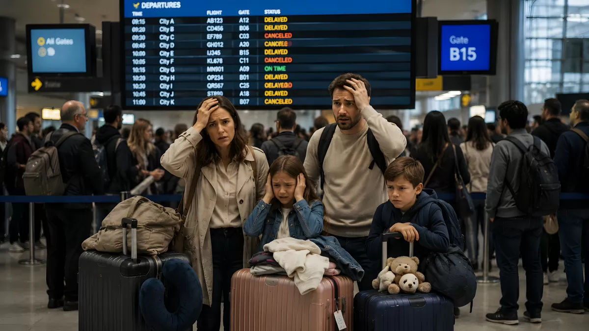 Familie am Flughafen bei Flugausfall und Verspätung