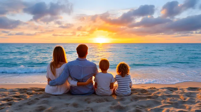 Familie am Strand genießt Sonnenuntergang am Meer