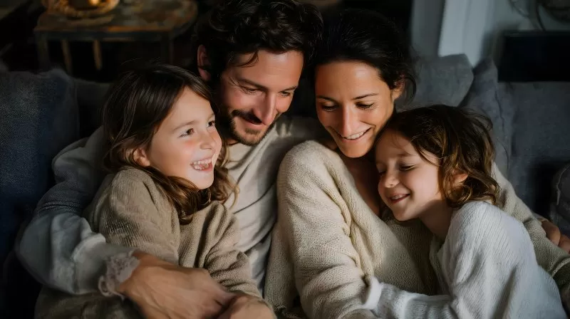 Familie auf Couch umarmt sich in gemütlicher Umgebung