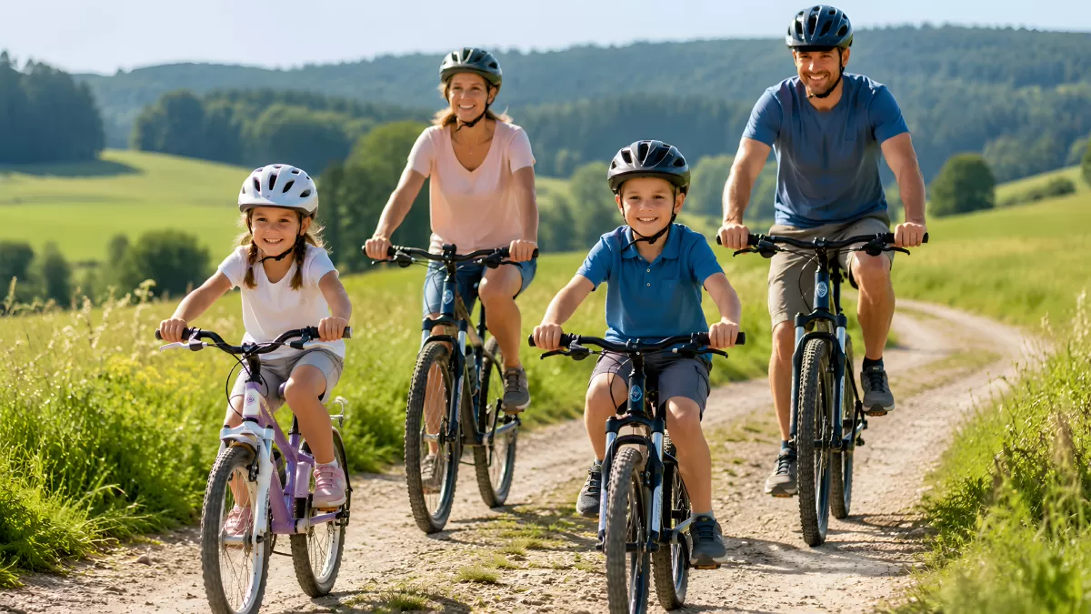 Familie auf Fahrrädern bei Ausflug durch grüne Landschaft