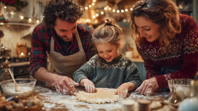 Familie backt gemeinsam Weihnachtsplätzchen in der Küche