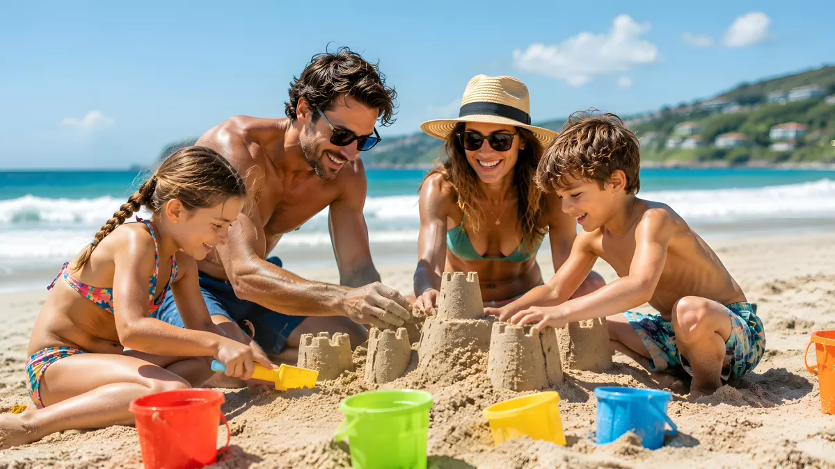 Familie baut Sandburg am Strand im Sommerurlaub