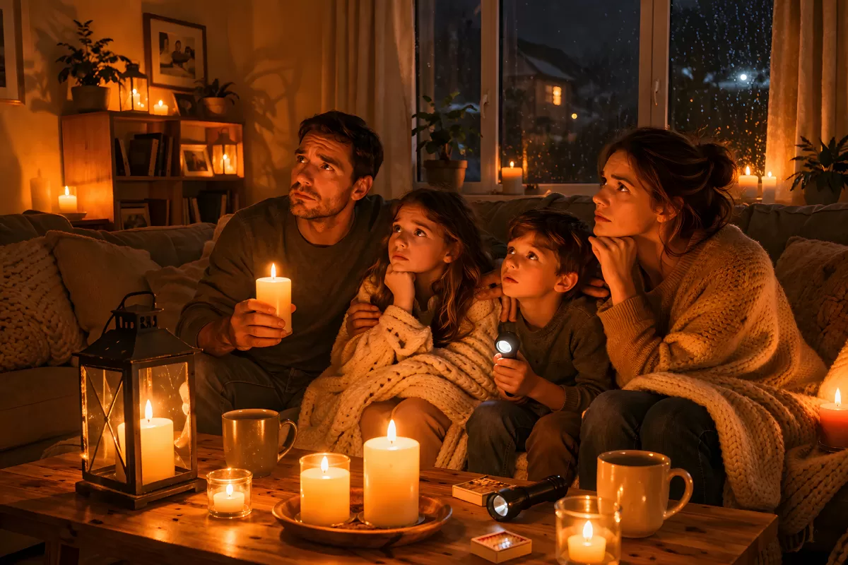 Familie bei Kerzenschein während Stromausfall im Winter