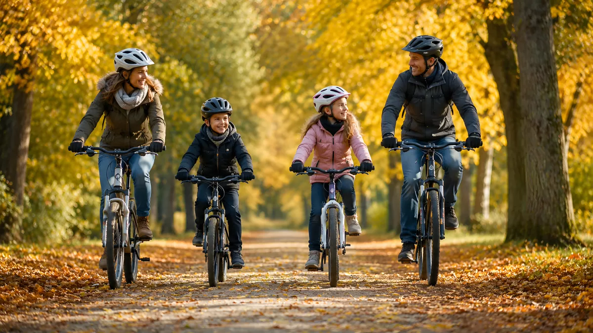 Familie beim Fahrradausflug im herbstlichen Park