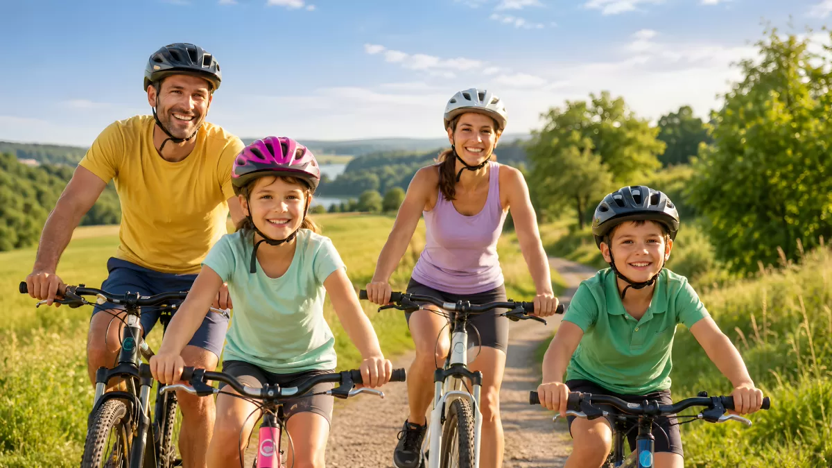 Familie beim Fahrradfahren auf Landweg im Sommer