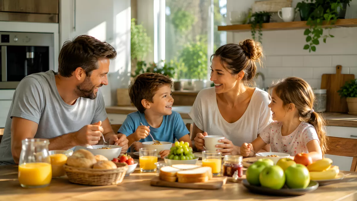 Familie beim gemeinsamen Frühstück am Küchentisch