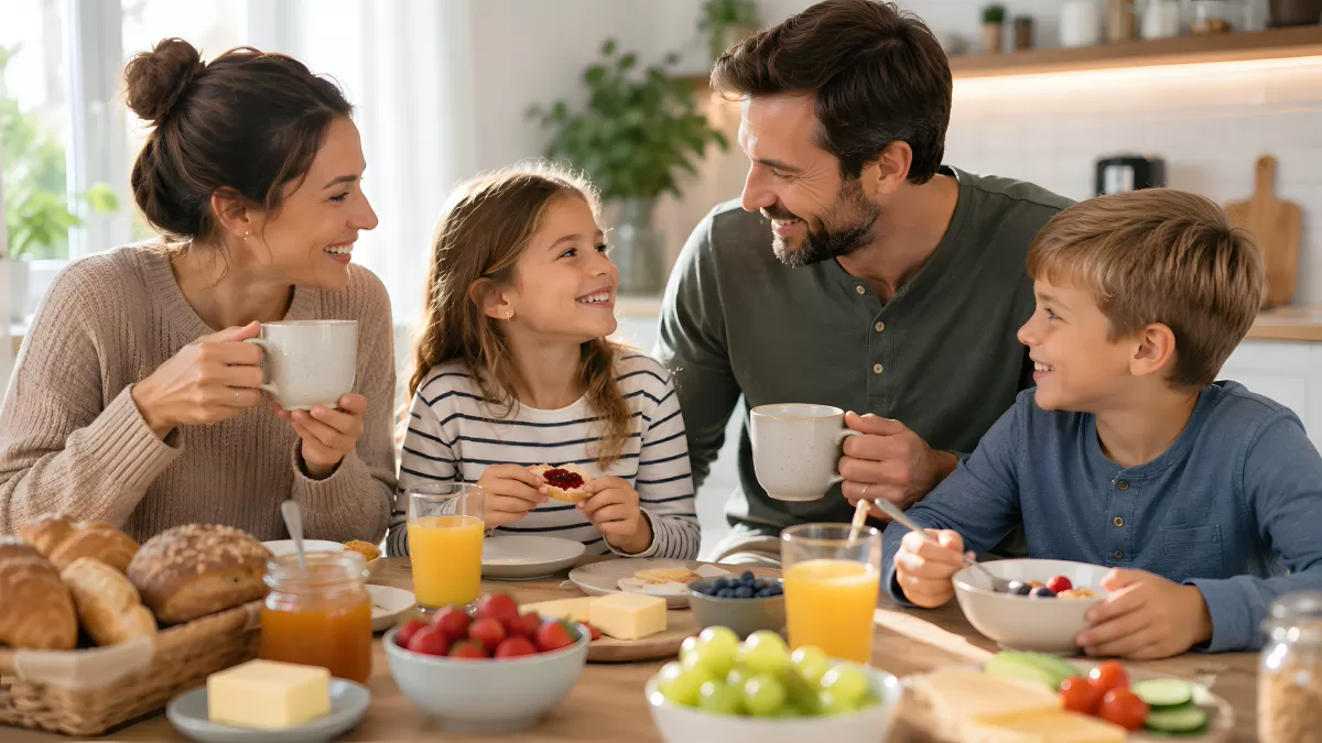 Familie beim gemeinsamen Frühstück in heller Küche