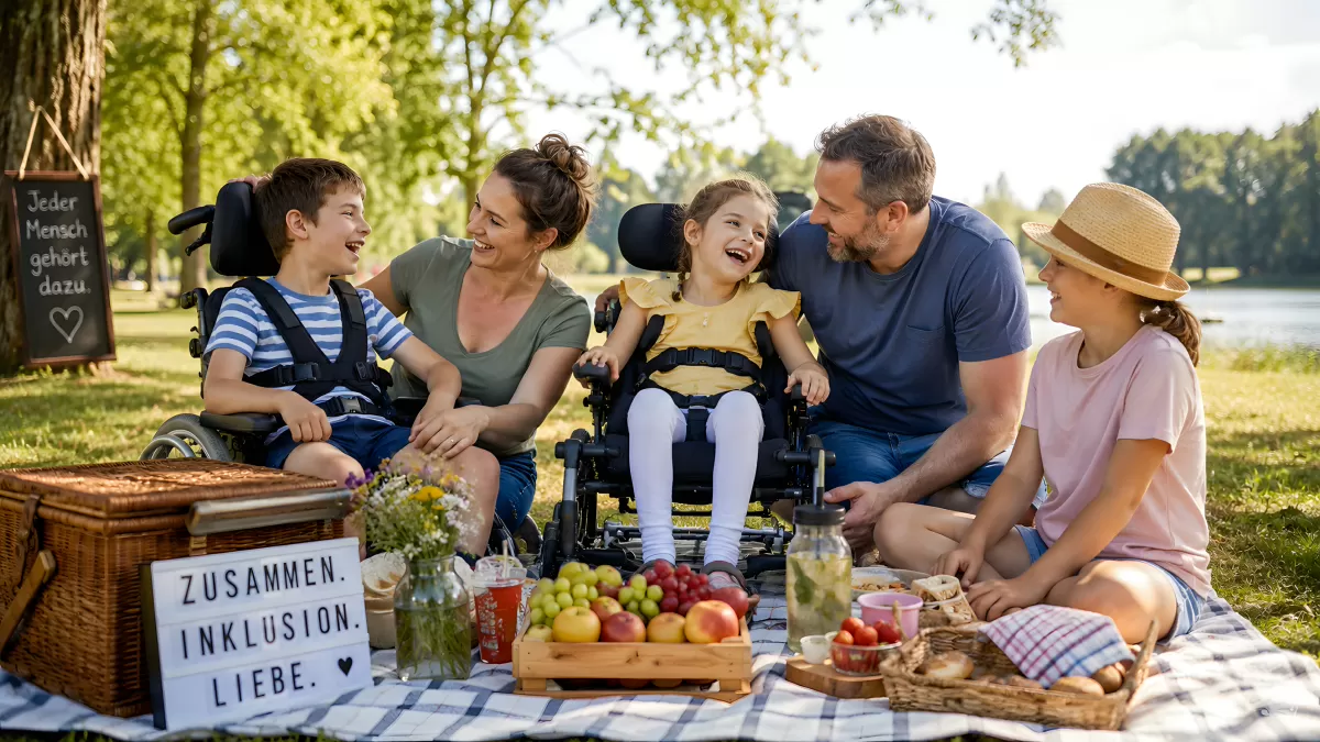 Familie beim inklusiven Picknick im Park mit Rollstuhl