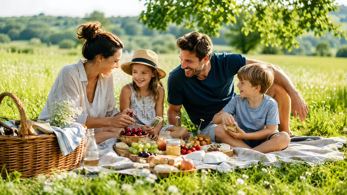 Familie beim Picknick auf sommerlicher Wiese