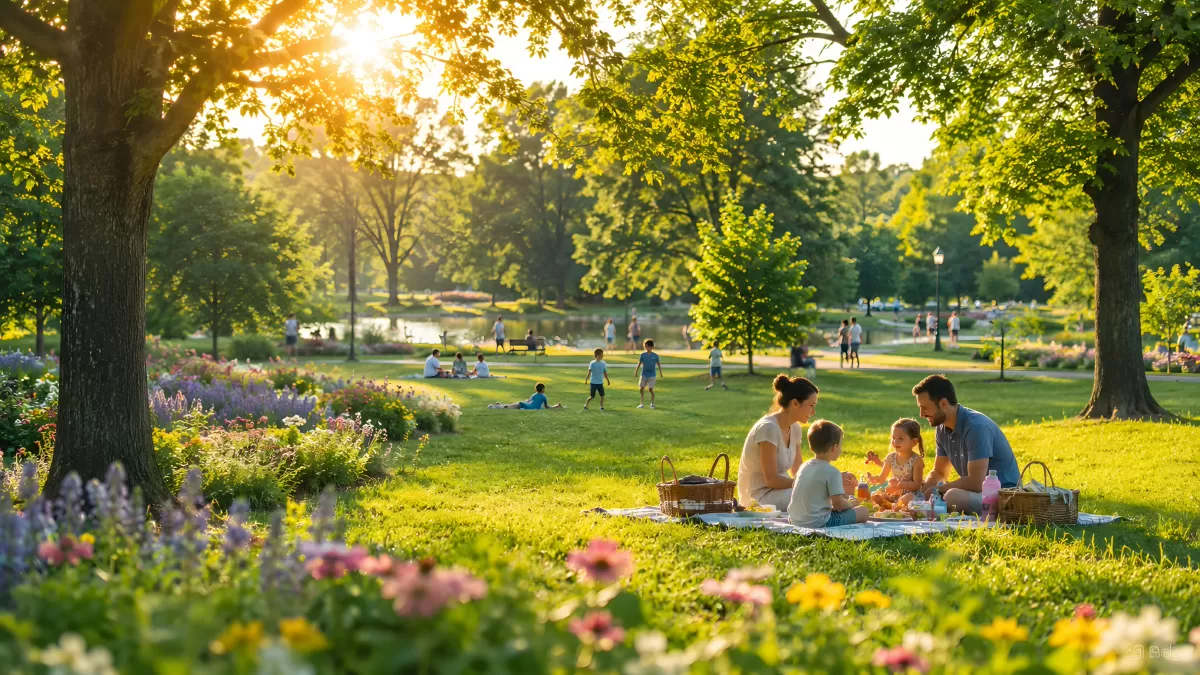 Familie beim Picknick im sonnigen Stadtpark