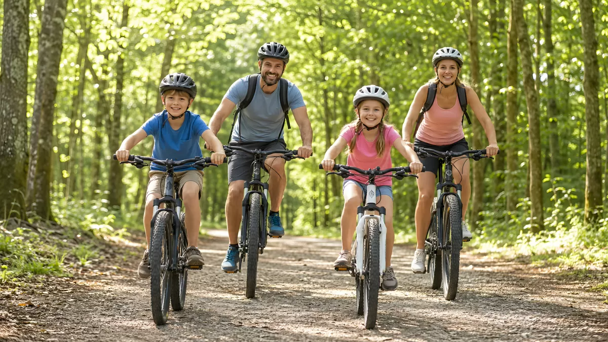 Familie beim Radfahren auf Waldweg im Sommer