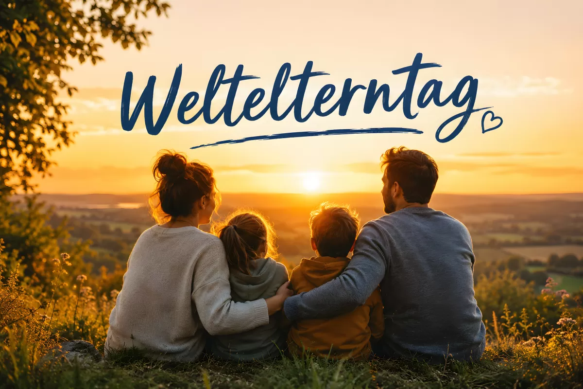 Familie beim Sonnenuntergang auf dem Hügel sitzend