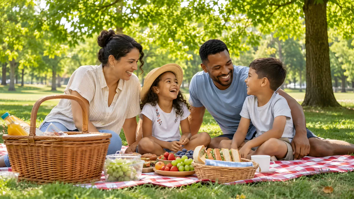 Familie beim sonnigen Picknick im grünen Park